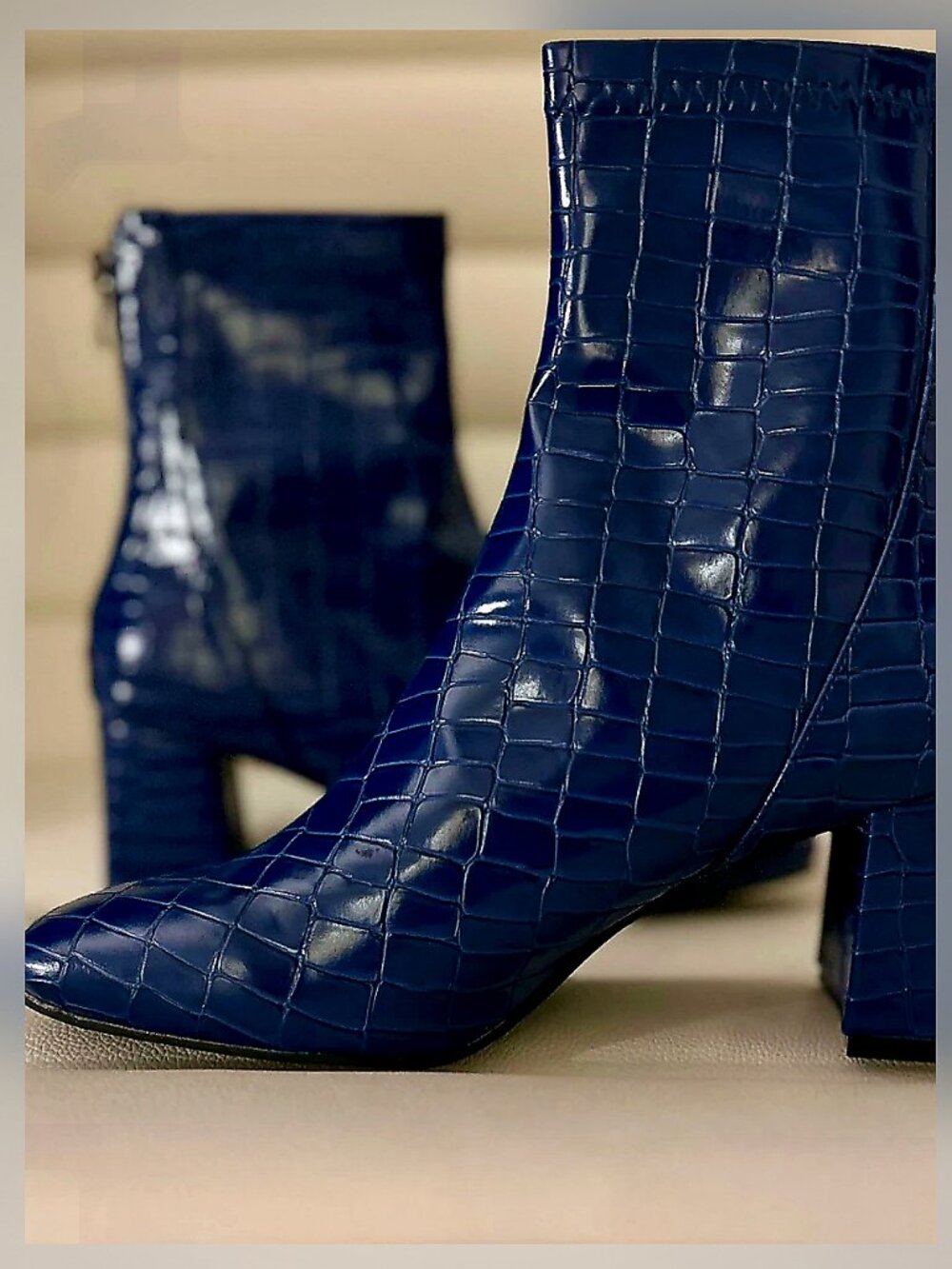 Cobalt Blue Croc Embossed Square Toe Block Heel Ankle Boots | NewBella | Women’s